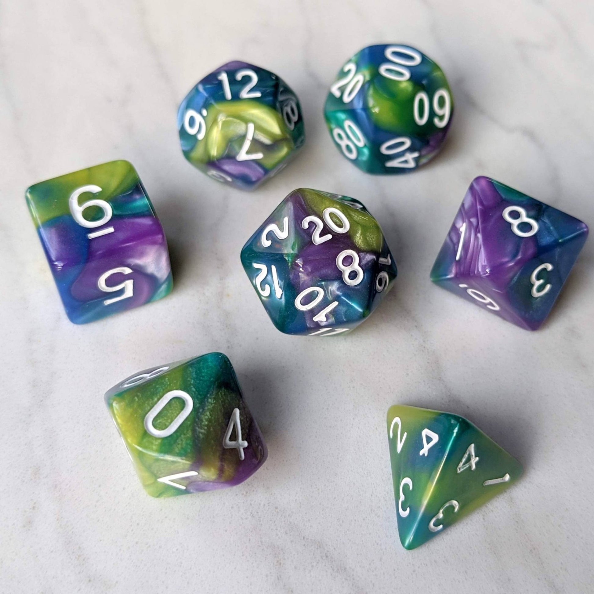 Green Purple Blue Three Tone Marbled Dice Set – 7-Piece Pearly White Font DnD Dice Sets & Games Fennek and Finch