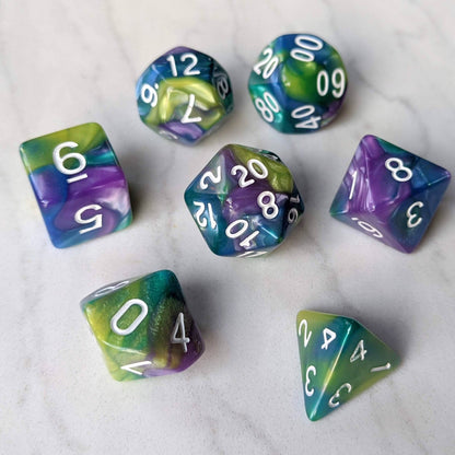 Green Purple Blue Three Tone Marbled Dice Set – 7-Piece Pearly White Font DnD Dice Sets & Games Fennek and Finch