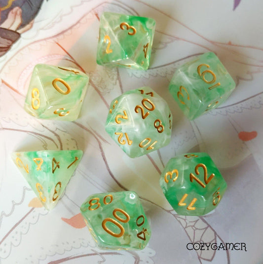 Green White Smoke Dice Set – 7 - Piece Misty Vapor DnD Dice - Fennek and Finch