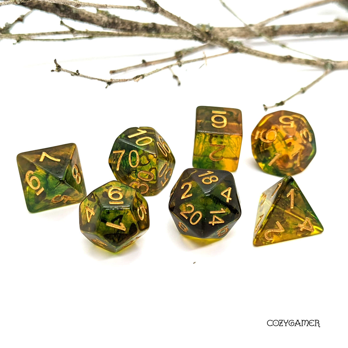 Grounded Dice Set. Greens and Brown Swirling Magic Dice Sets & Games Fennek and Finch