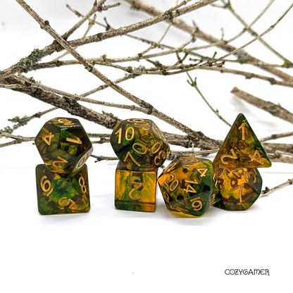 Grounded Dice Set. Greens and Brown Swirling Magic Dice Sets & Games Fennek and Finch