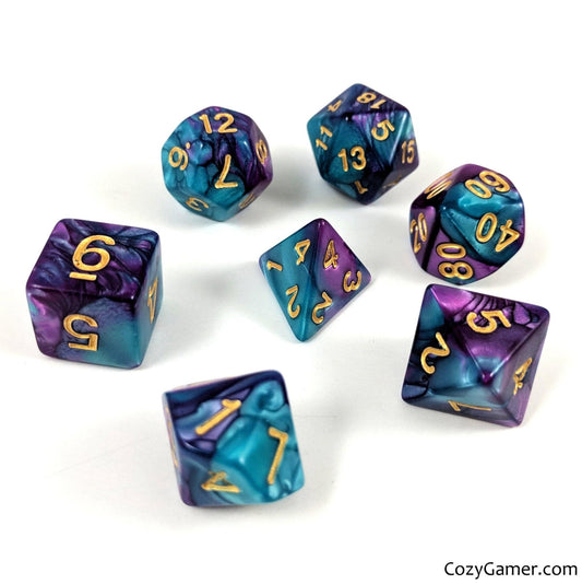 Guidance Dice Set – 7 - Piece Pearly Blue Purple DnD Dice Gold Numbers - Fennek and Finch