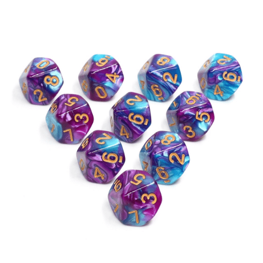 Guidance Marble D10 Set – 10 - Piece Purple Blue Pearly Dice for Vampire RPG - Fennek and Finch