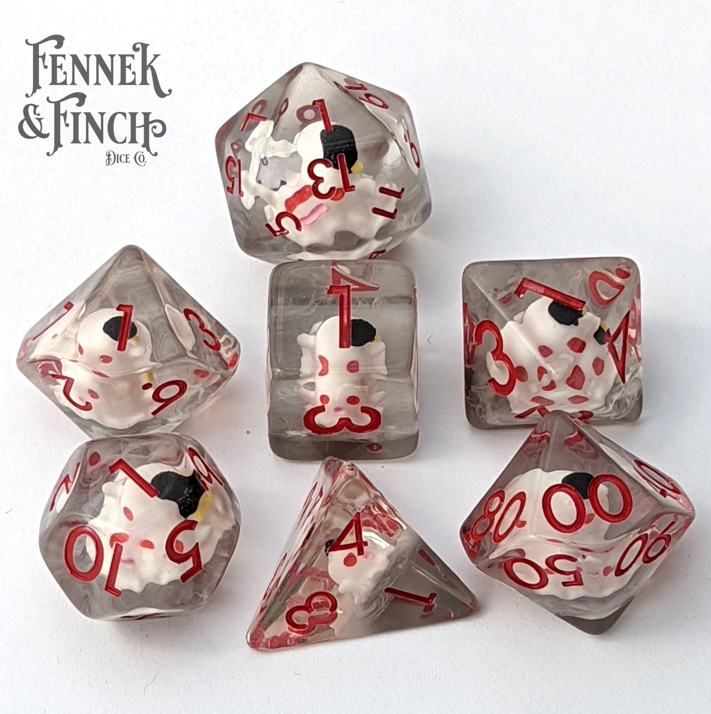 Happy Phantom Dice Set – 7 - Piece Ghost Grey Resin DnD Dice - Fennek and Finch