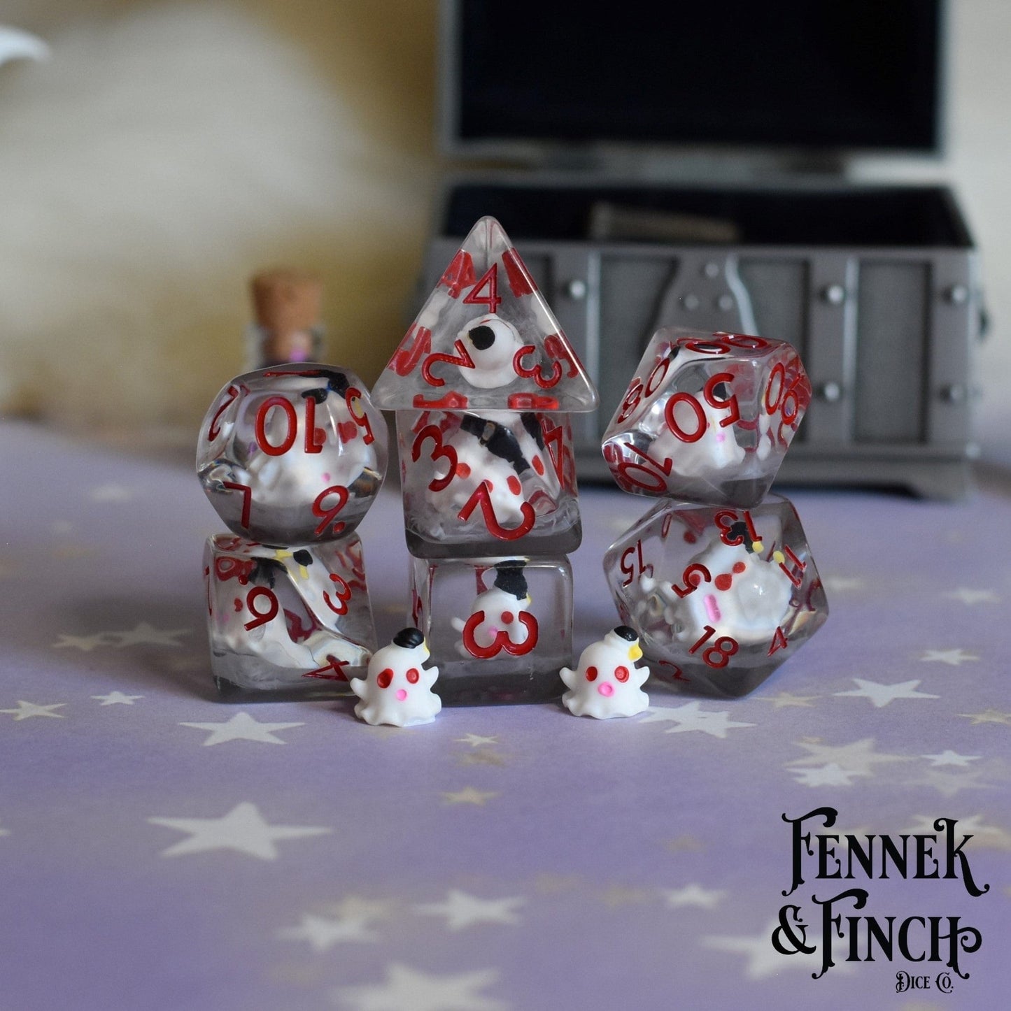 Happy Phantom Dice Set – 7 - Piece Ghost Grey Resin DnD Dice - Fennek and Finch