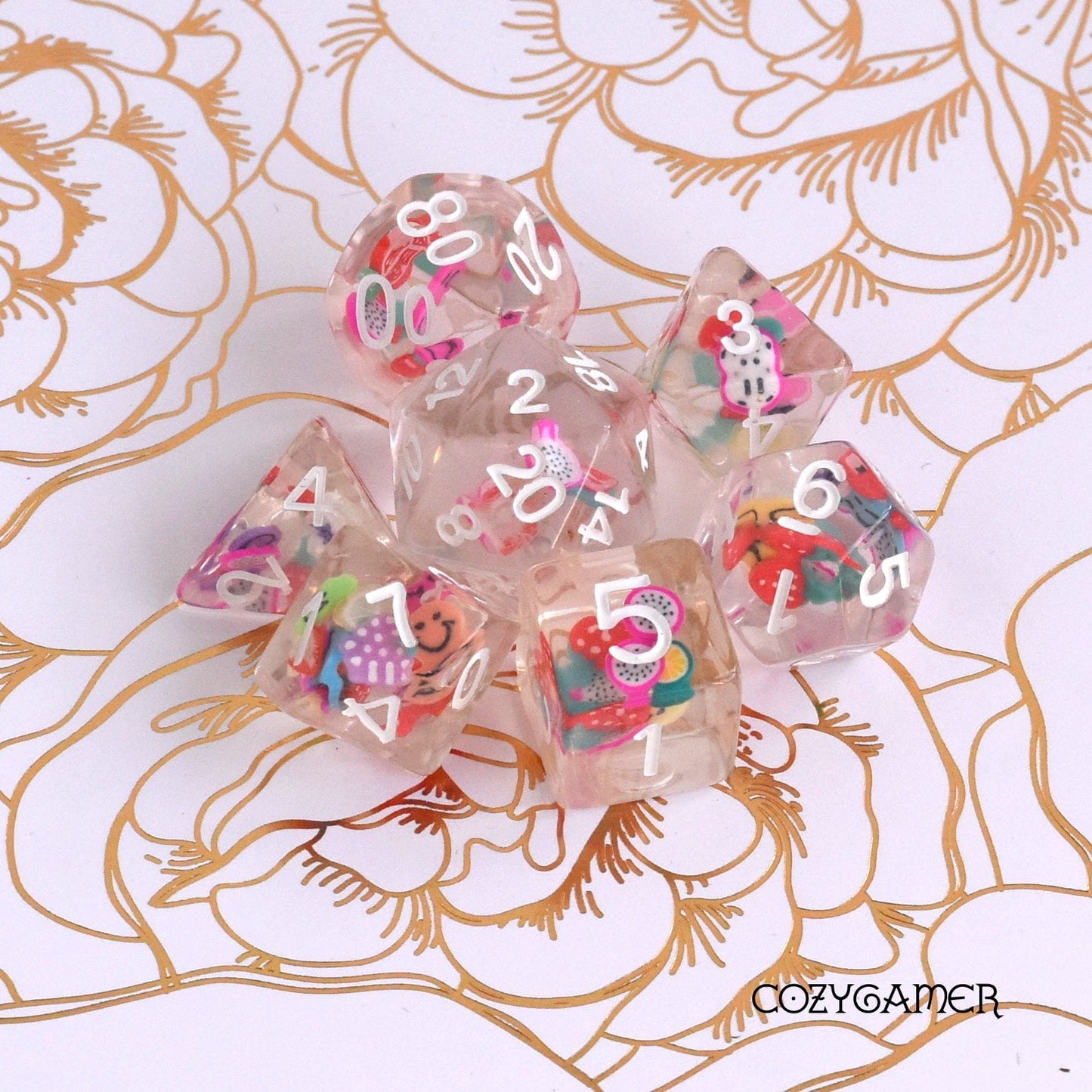 Happy Slice Dice Set. Mini Food Clay Slices in Clear Resin Dice Sets & Games Fennek and Finch