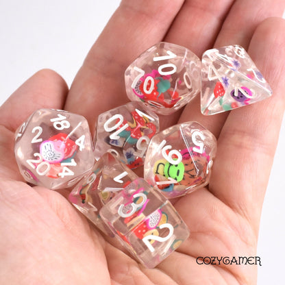 Happy Slice Dice Set. Mini Food Clay Slices in Clear Resin Dice Sets & Games Fennek and Finch