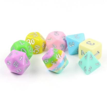 Harmony Source Dice Set – 8 - Piece Pastel Rainbow Extra Layered D20 Silver Font - Fennek and Finch