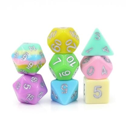 Harmony Source Dice Set – 8 - Piece Pastel Rainbow Extra Layered D20 Silver Font - Fennek and Finch