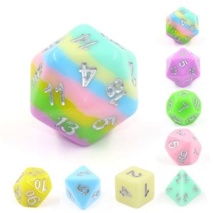 Harmony Source Dice Set – 8 - Piece Pastel Rainbow Extra Layered D20 Silver Font - Fennek and Finch