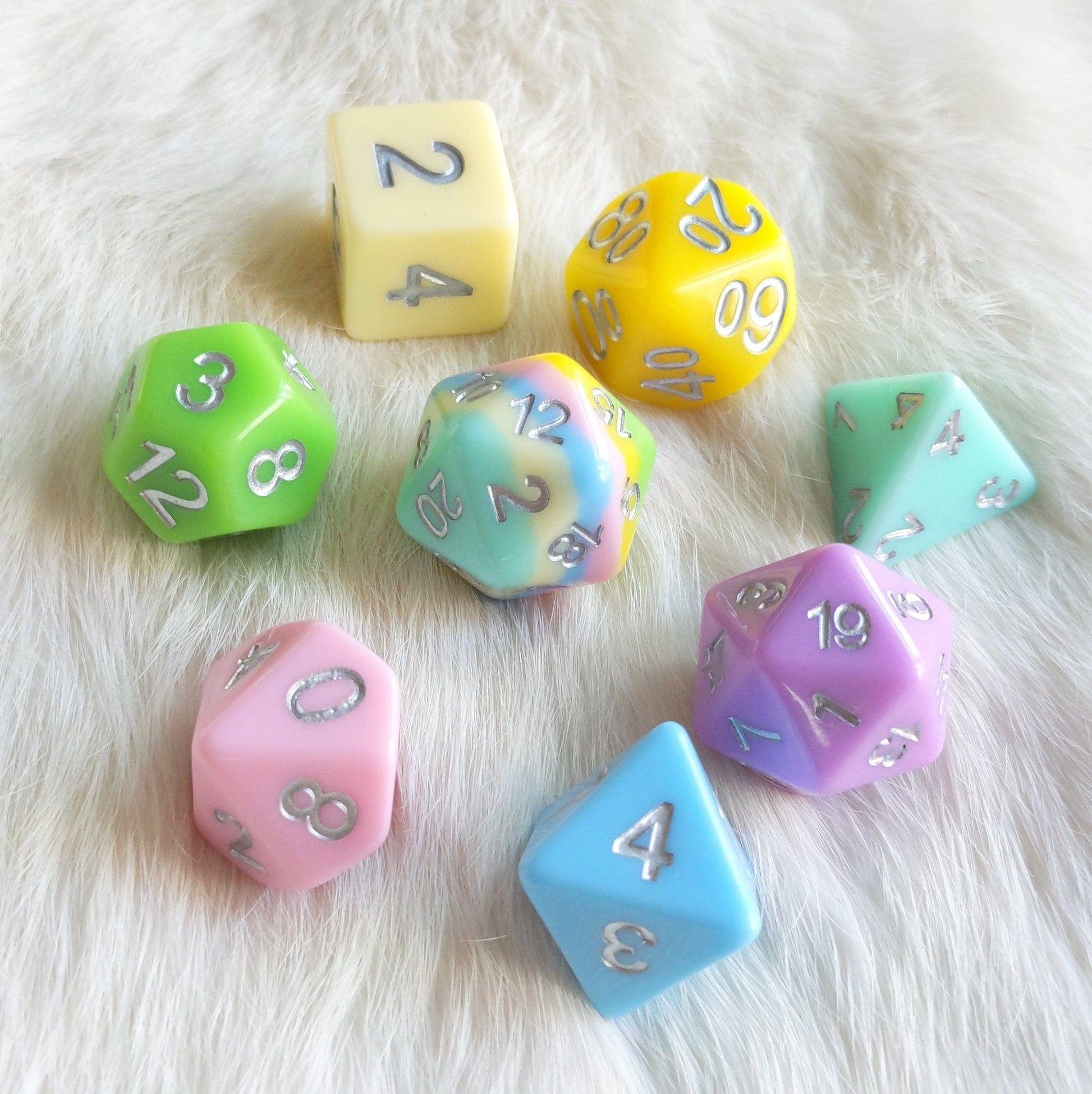 Harmony Source Dice Set – 8 - Piece Pastel Rainbow Extra Layered D20 Silver Font - Fennek and Finch