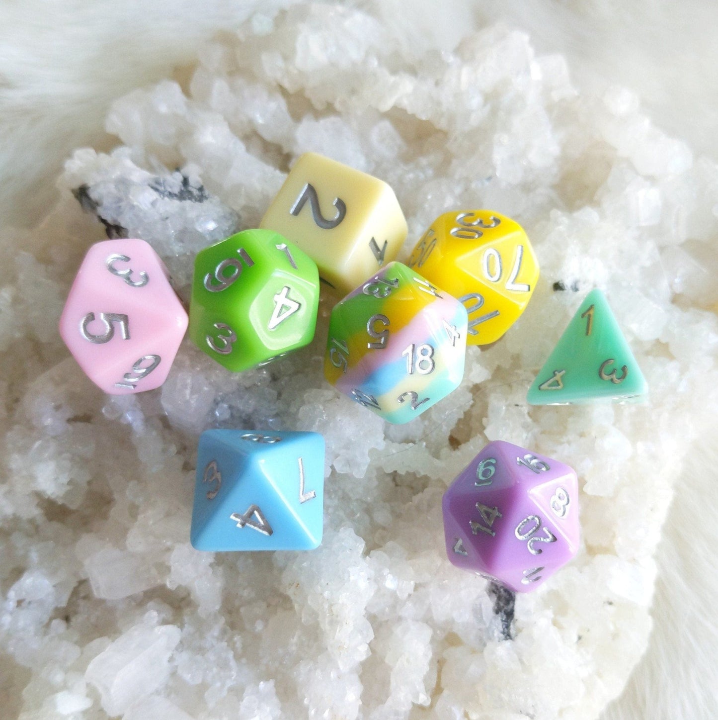 Harmony Source Dice Set – 8 - Piece Pastel Rainbow Extra Layered D20 Silver Font - Fennek and Finch
