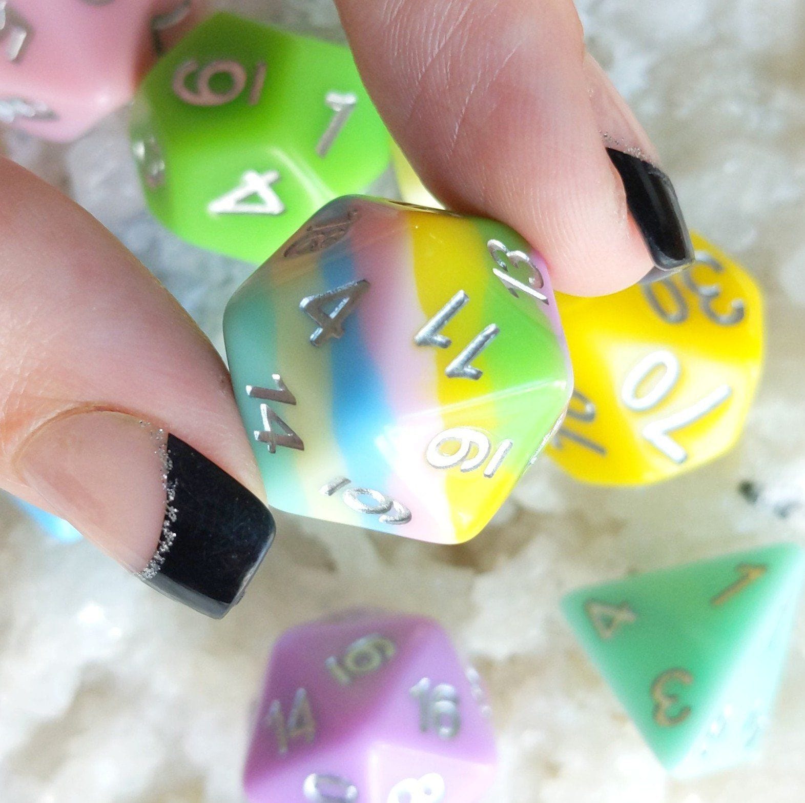 Harmony Source Dice Set – 8 - Piece Pastel Rainbow Extra Layered D20 Silver Font - Fennek and Finch