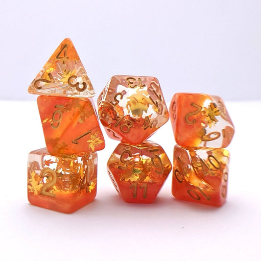 Harvest Dice Set – 7 - Piece Translucent Pearly Orange Golden Leaf Glitter DnD - Fennek and Finch