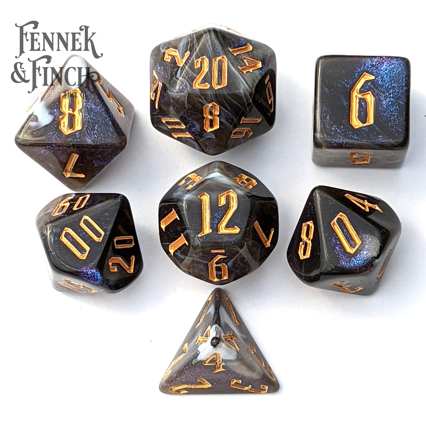 Haunt Dice Set. Marbled Black and Gray Shimmering Dice
