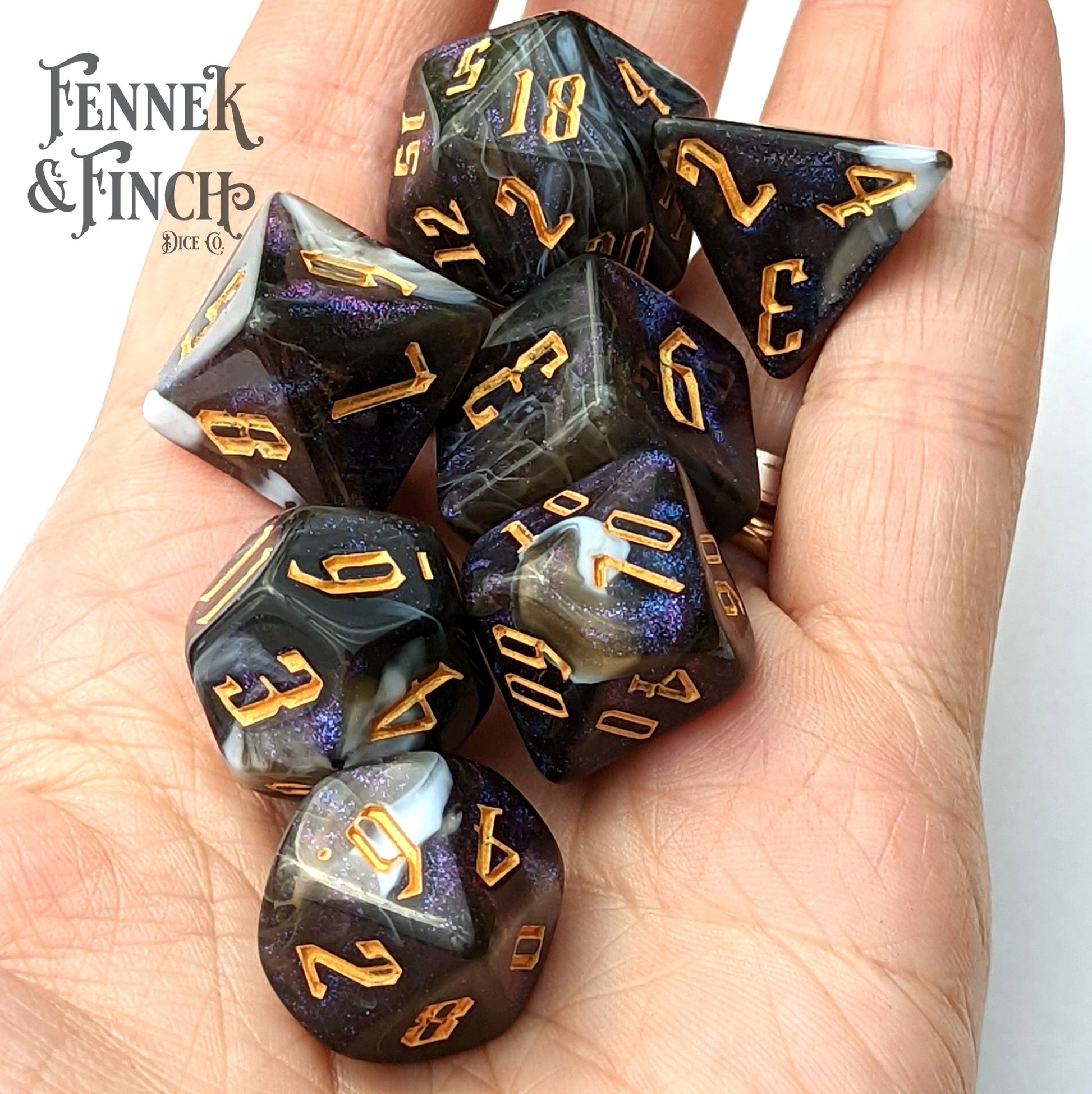 Haunt Dice Set. Marbled Black and Gray Shimmering Dice