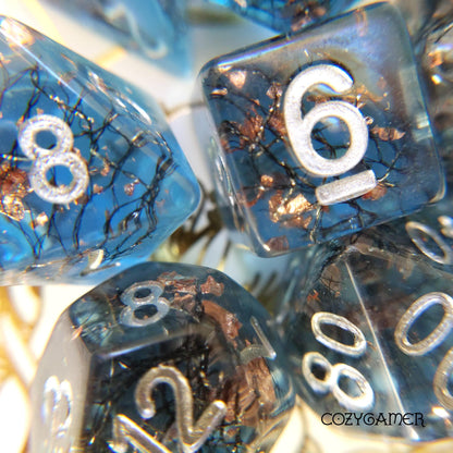 Haunted Forest Dice Set. 7 Piece Dark Forest Themed Dice Set with Brambles and Copper Foil