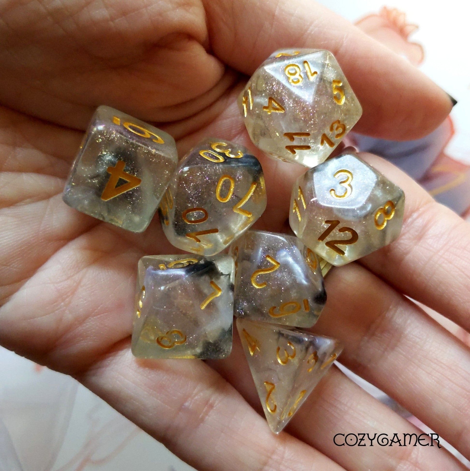 Haze Dice Set. White and black smoke in glittering resin Dice Sets & Games Fennek and Finch