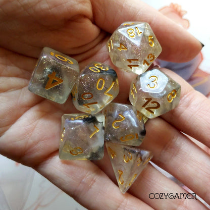 Haze Dice Set. White and black smoke in glittering resin Dice Sets & Games Fennek and Finch