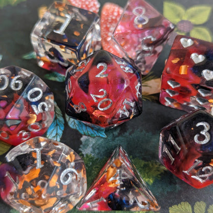 Heart Piercer Dice Set – 8 or 12-Piece Red Shimmer DnD Dice with Heart D6 | Fennek & Finch Dice Sets & Games Fennek and Finch