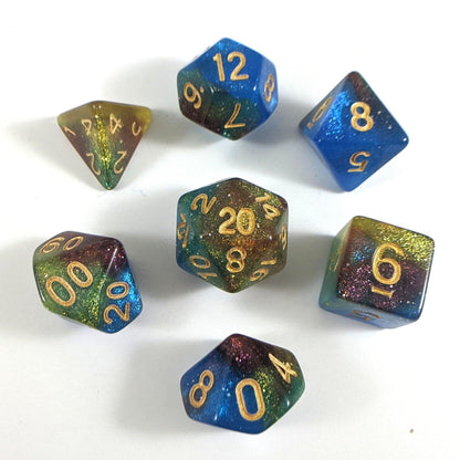 Helix Nebula Dice Set – 7-Piece Blue Yellow Red Marbled Micro Shimmer DnD Dice sets Fennek and Finch