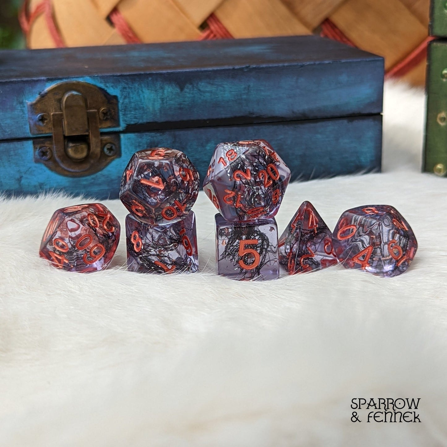 Hollow One Dice Set – 7 - Piece Undead Purple with Thread & Copper | Fennek & Finch - Fennek and Finch