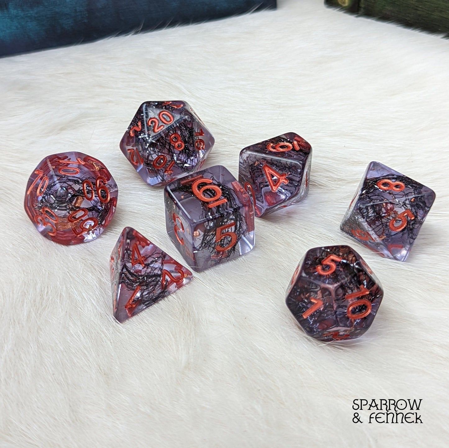 Hollow One Dice Set. 7 Piece Undead Themed Dice Set with Black Thread and Copper Foil