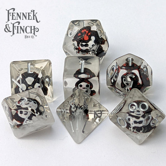 Hooded Phantom Dice Set – 7 - Piece Ghost White Resin DnD Dice - Fennek and Finch