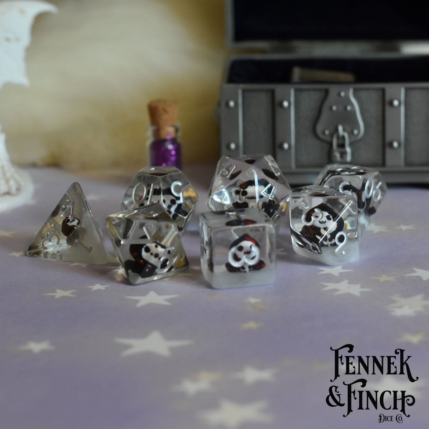 Hooded Phantom Dice Set – 7 - Piece Ghost White Resin DnD Dice - Fennek and Finch