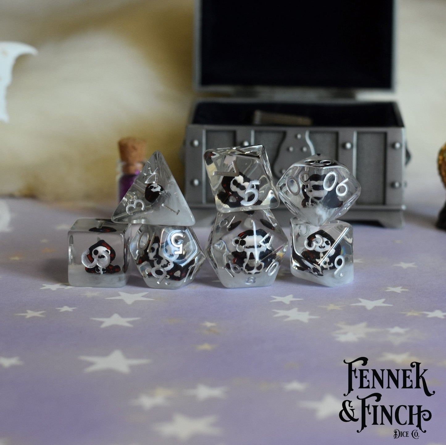 Hooded Phantom Dice Set – 7 - Piece Ghost White Resin DnD Dice - Fennek and Finch