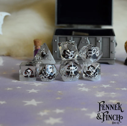 Hooded Phantom Dice Set – 7 - Piece Ghost White Resin DnD Dice - Fennek and Finch