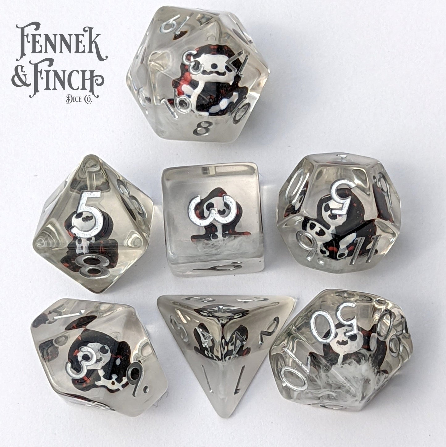 Hooded Phantom Dice Set – 7 - Piece Ghost White Resin DnD Dice - Fennek and Finch