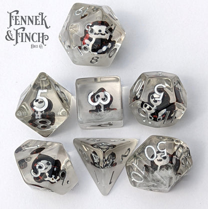 Hooded Phantom Dice Set – 7 - Piece Ghost White Resin DnD Dice - Fennek and Finch