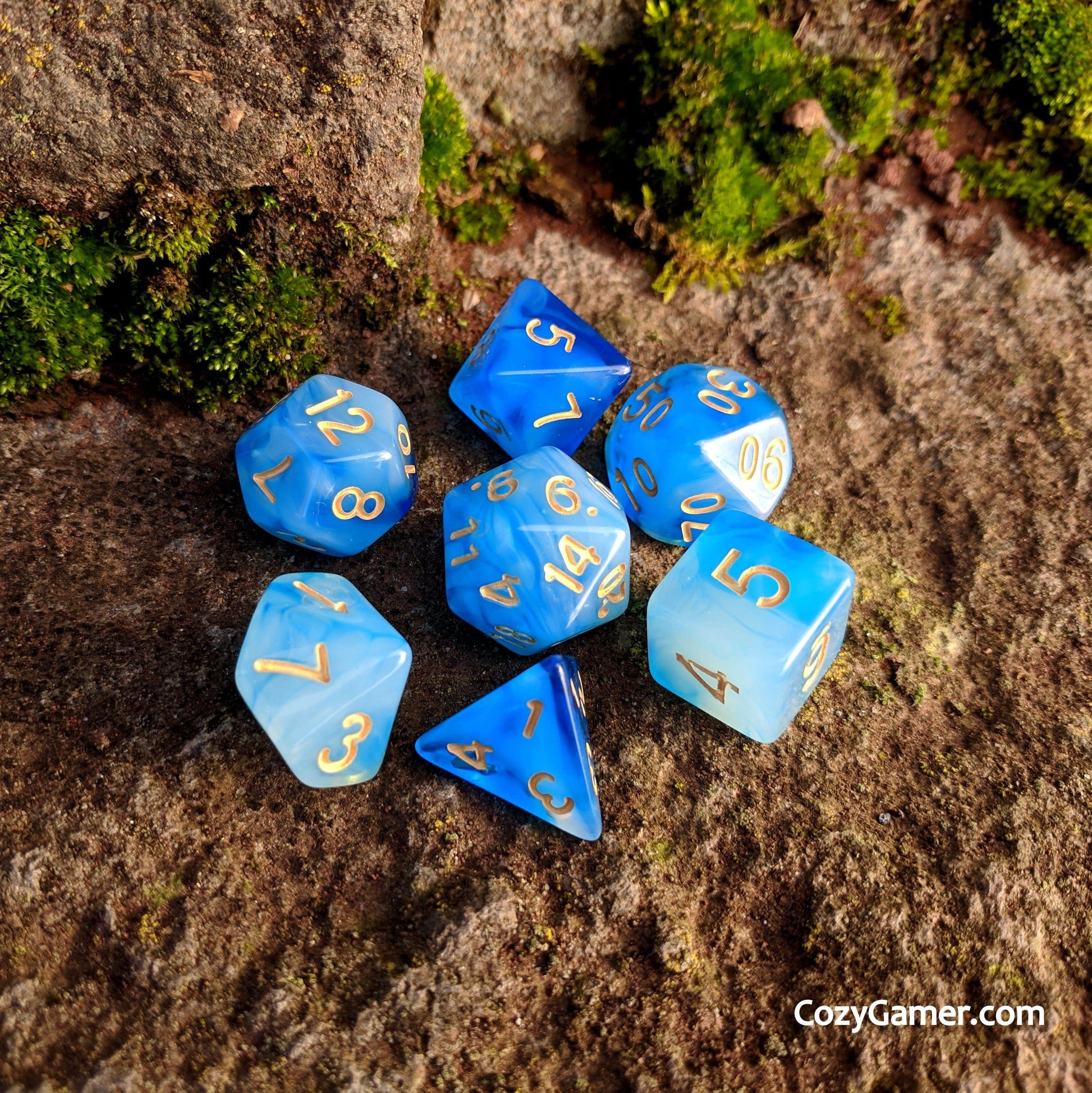 Hypnotic DnD Dice Set, Semi Translucent Cloudy Blue and White Dice - CozyGamer