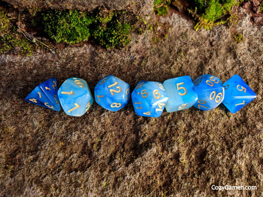 Hypnotic DnD Dice Set, Semi Translucent Cloudy Blue and White Dice - CozyGamer
