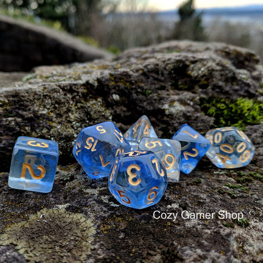 Ice Shift Dice Set – Clear with Suspended Blue Ink & Winter Magic - Fennek and Finch
