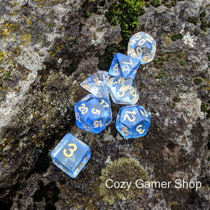 Ice Shift Dice Set, Translucent Blue Ink 7 Piece D&D Dice Set - CozyGamer