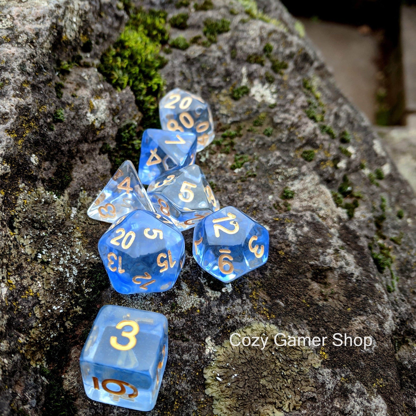 Ice Shift Dice Set, Translucent Blue Ink 7 Piece D&D Dice Set - CozyGamer