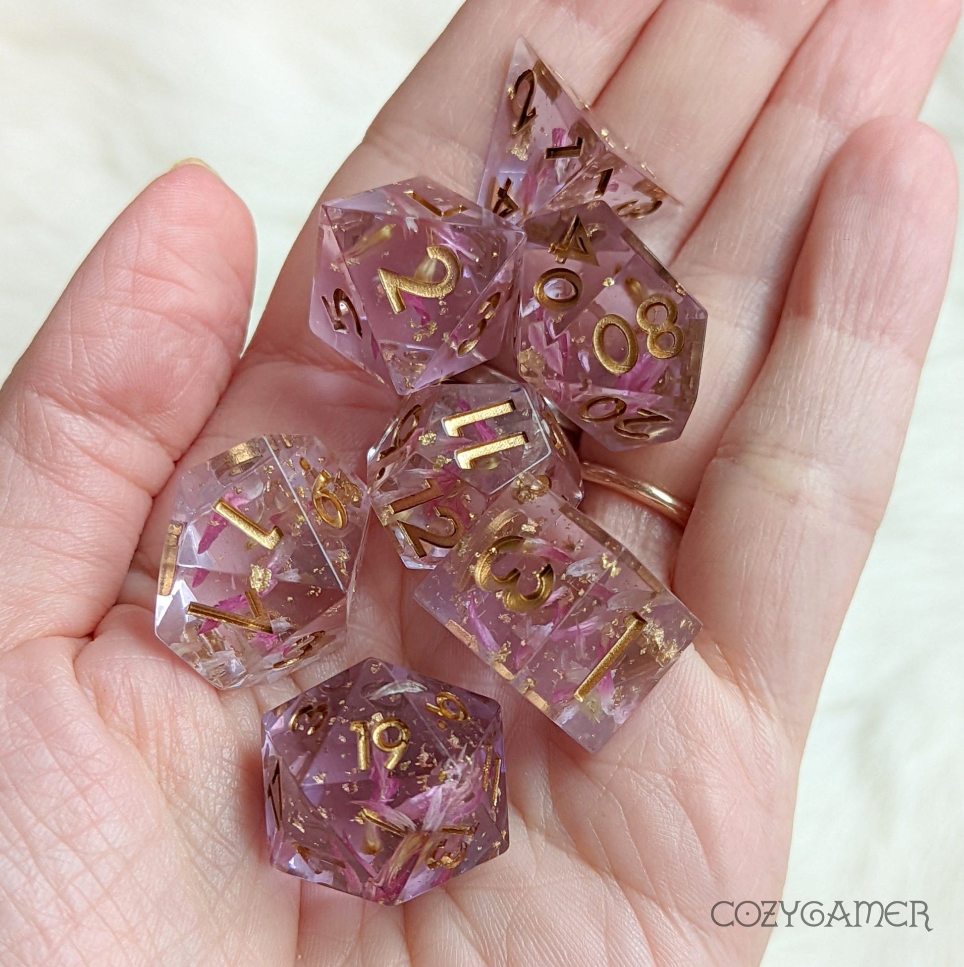 Immortal Love Dice Set – Mauve Sharp Edge with Petals & Metal Foil - Fennek and Finch