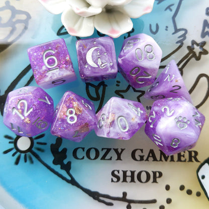 Iris 8 Piece Dice Set. Clear Purple and White Marble, with Glitter and Foil - CozyGamer