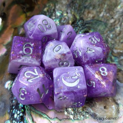 Iris 8 Piece Dice Set. Clear Purple and White Marble, with Glitter and Foil - CozyGamer
