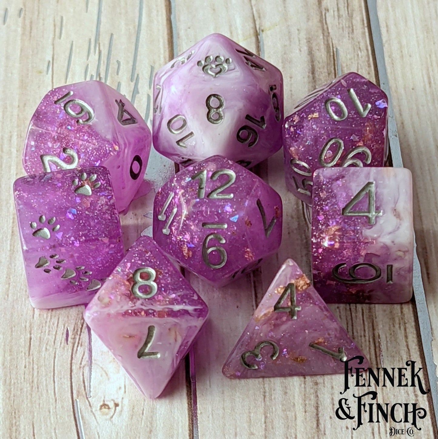 Iris 8 Piece Dice Set – Clear Purple White Marble Glitter Foil Cat Wizard Paw Dice sets Fennek and Finch