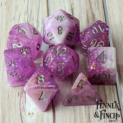 Iris 8 Piece Dice Set – Clear Purple White Marble Glitter Foil Cat Wizard Paw Dice sets Fennek and Finch