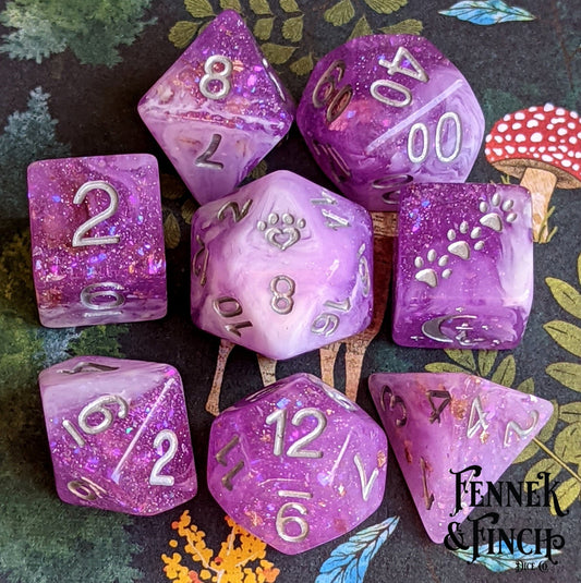 Iris 8 Piece Dice Set – Clear Purple White Marble Glitter Foil Cat Wizard Paw - Fennek and Finch