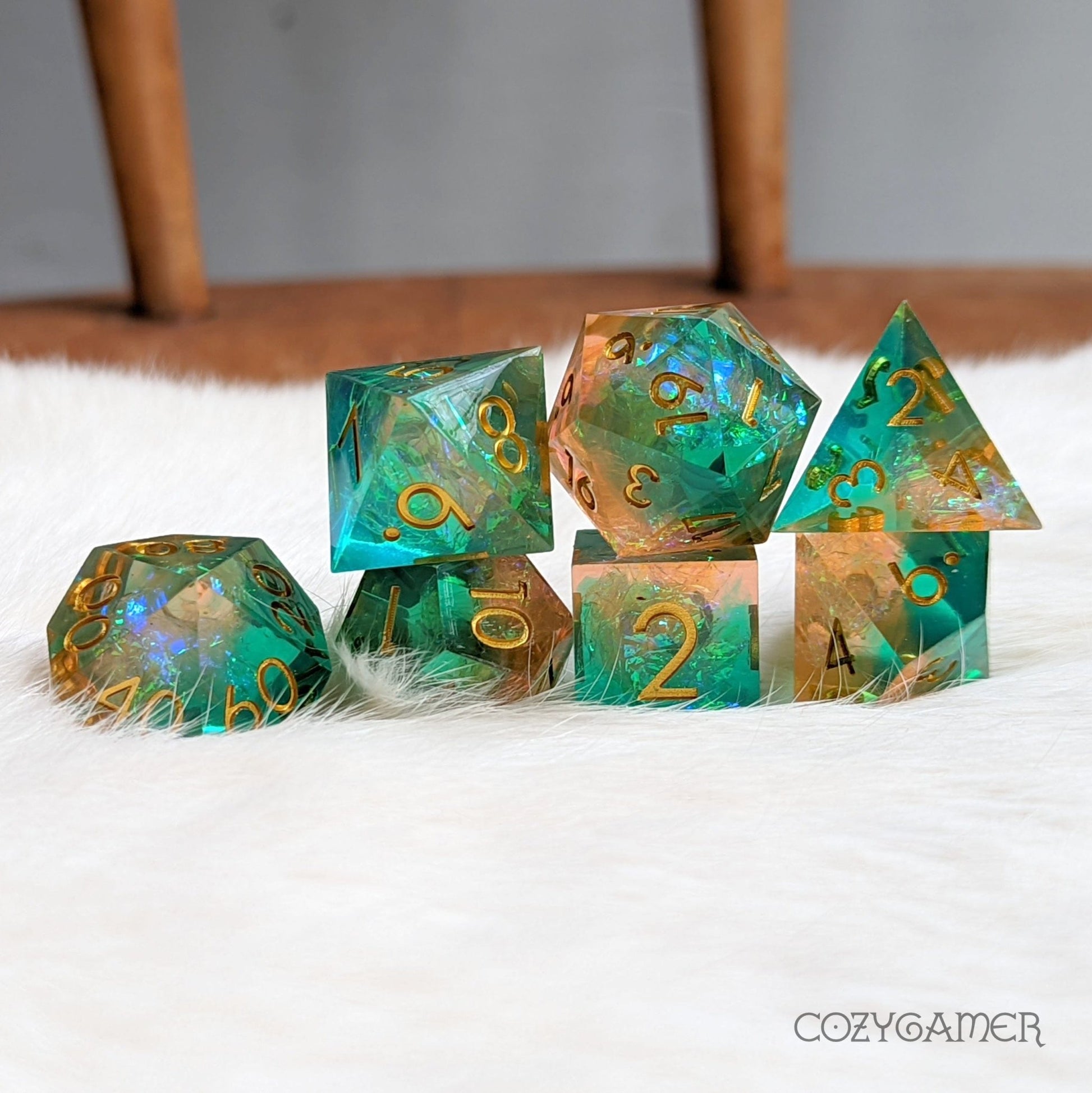 Island Sharp Edge Dice Set – 7 - Piece Green Orange Holographic Glitter Paper DnD - Fennek and Finch