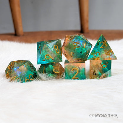 Island Sharp Edge Dice Set – 7 - Piece Green Orange Holographic Glitter Paper DnD - Fennek and Finch