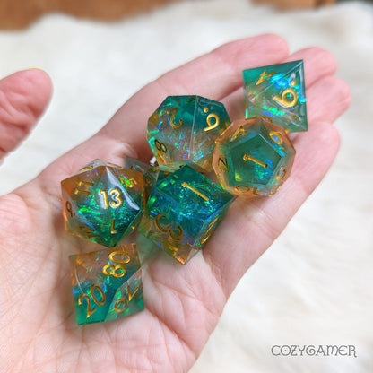 Island Sharp Edge Dice Set – 7 - Piece Green Orange Holographic Glitter Paper DnD - Fennek and Finch