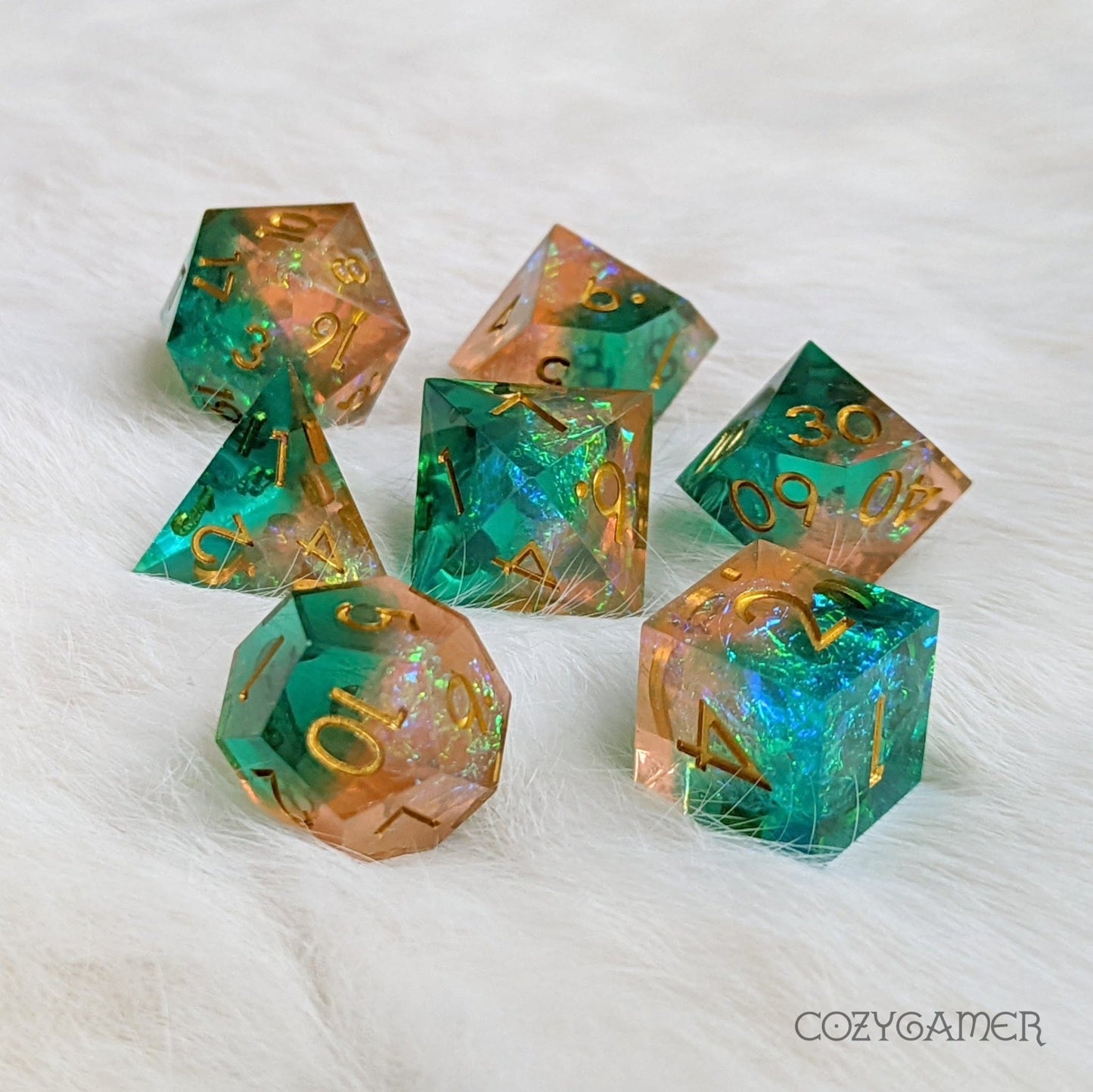 Island Sharp Edge Dice Set – 7 - Piece Green Orange Holographic Glitter Paper DnD - Fennek and Finch