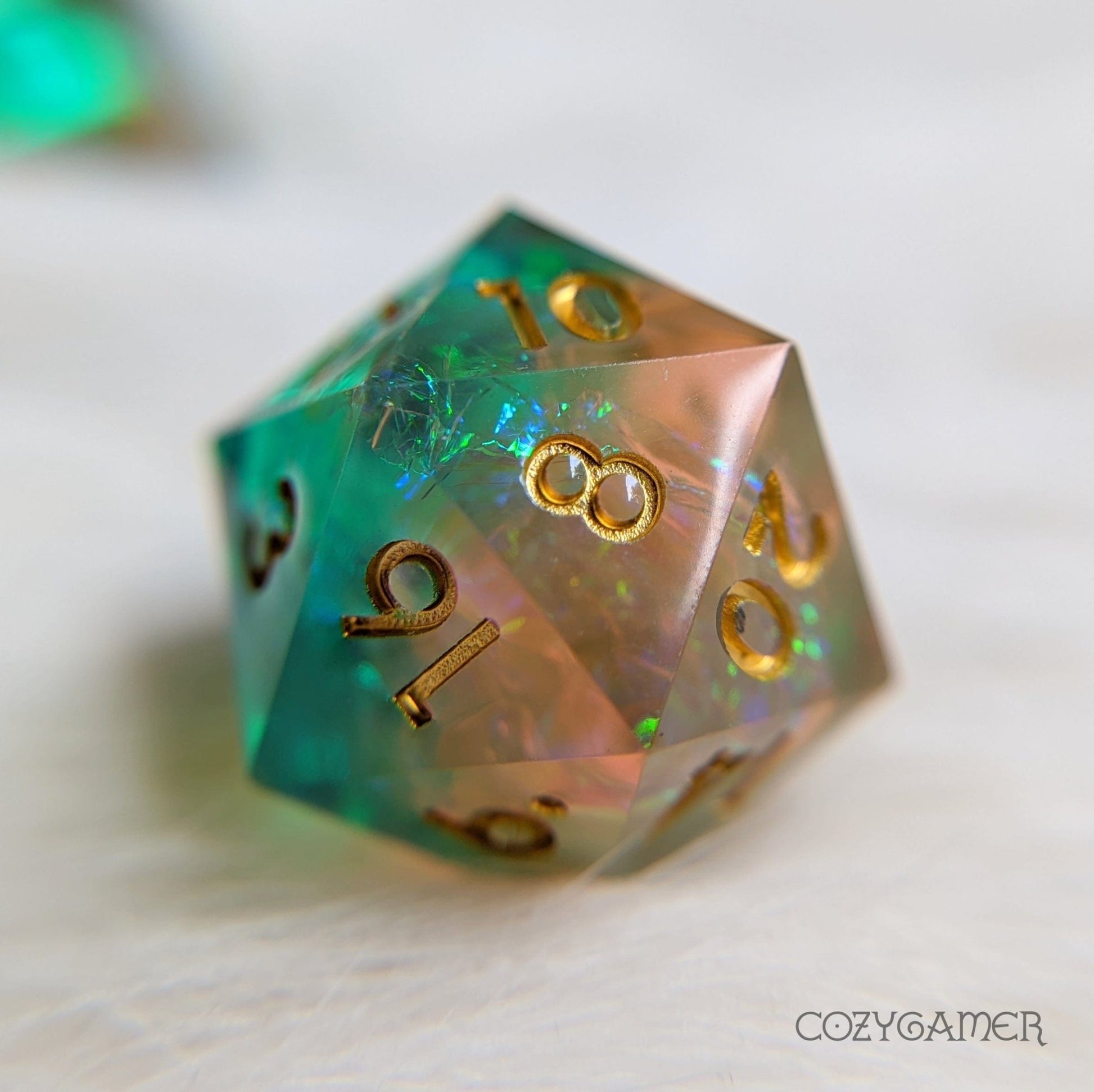 Island Sharp Edge Dice Set – 7 - Piece Green Orange Holographic Glitter Paper DnD - Fennek and Finch