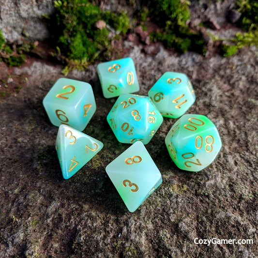 Jade Aura DnD Dice Set, Cloudy Dice. Green and White Dice - CozyGamer